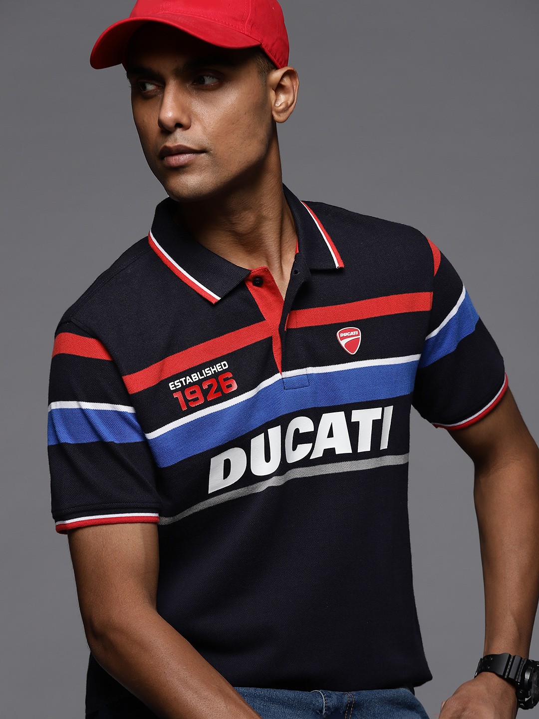 

Ducati Men Navy Blue & White Brand Logo Printed Polo Collar Pure Cotton T-shirt, Black