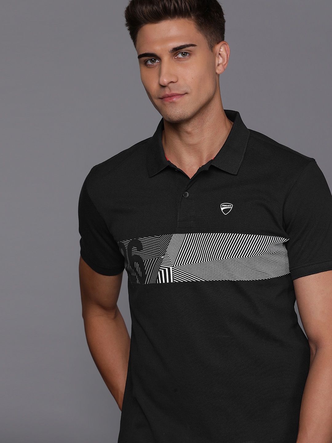 

Ducati Men Black & White Geometric Print Polo Collar Pure Cotton T-shirt