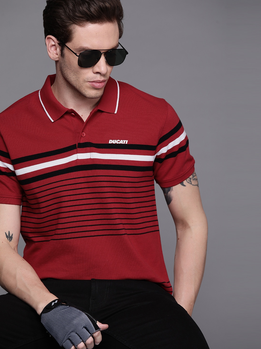 

Ducati Men Red & Black Striped Polo Collar Pure Cotton T-shirt