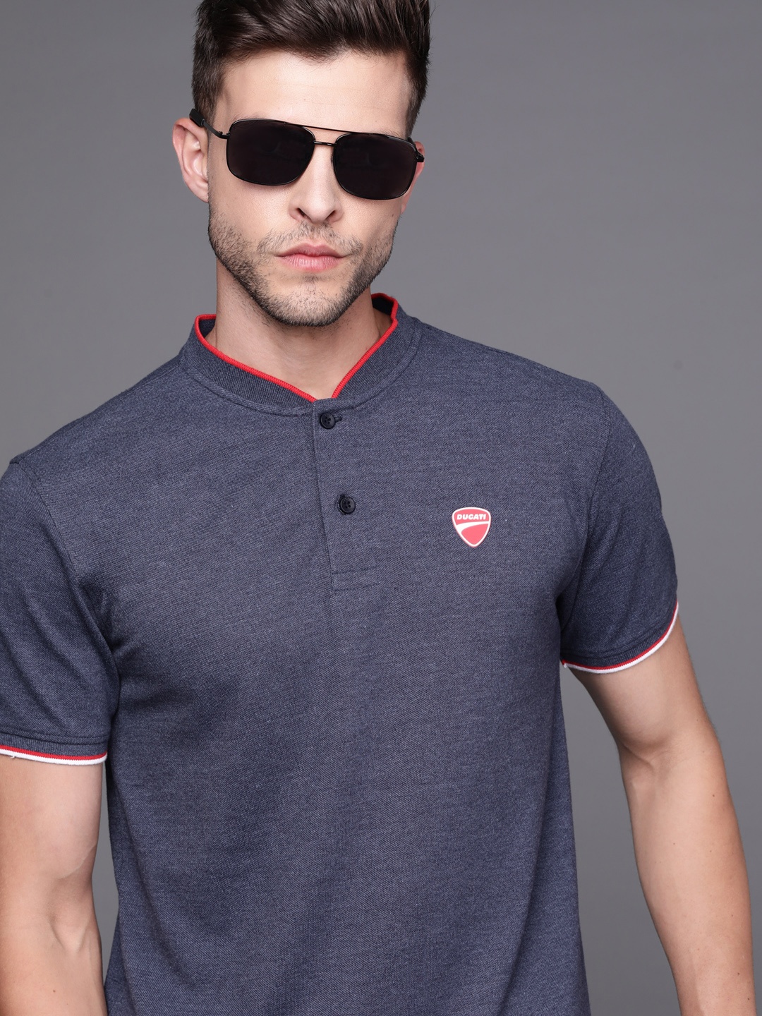 

Ducati Men Navy Blue Mandarin Collar Pure Cotton T-shirt