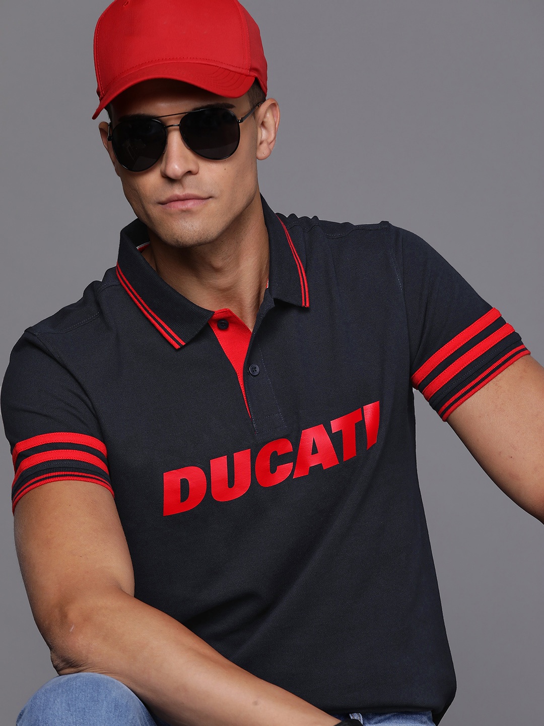 

Ducati Men Navy Blue & Red Brand Logo Printed Polo Collar Pure Cotton T-shirt
