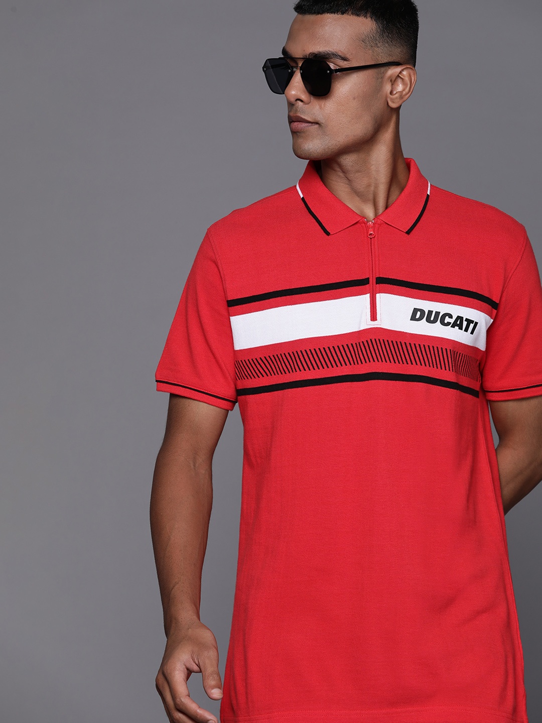 

Ducati Men Red & White Striped Polo Collar Pure Cotton T-shirt