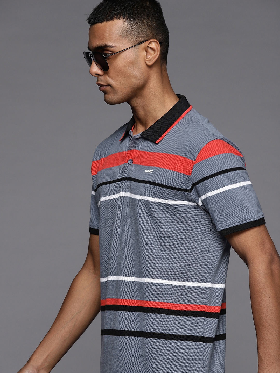 

Ducati Men Grey & Red Striped Polo Collar Pure Cotton T-shirt