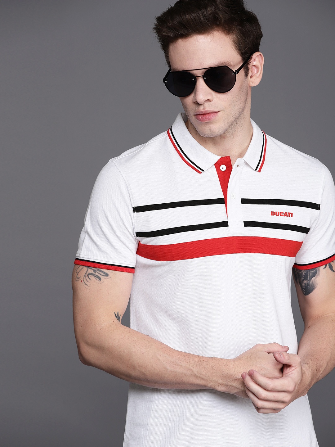 

Ducati Men White & Red Striped Polo Collar Pure Cotton T-shirt