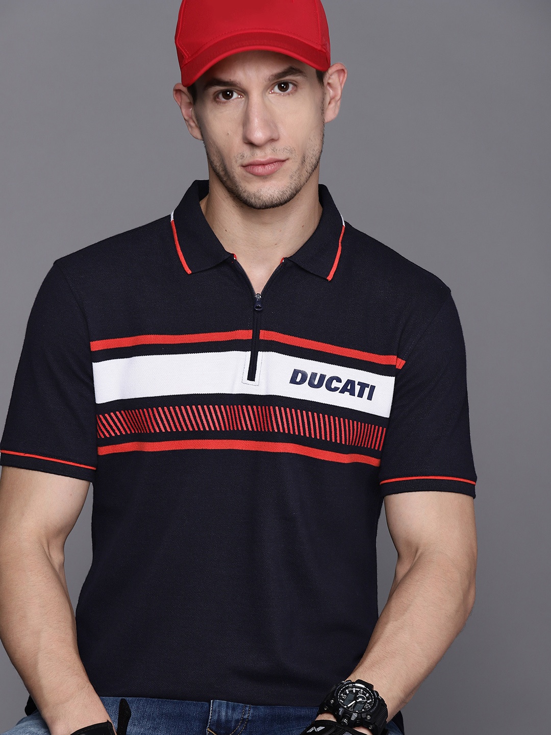 

Ducati Men Navy Blue & Red Striped Polo Collar Pure Cotton T-shirt