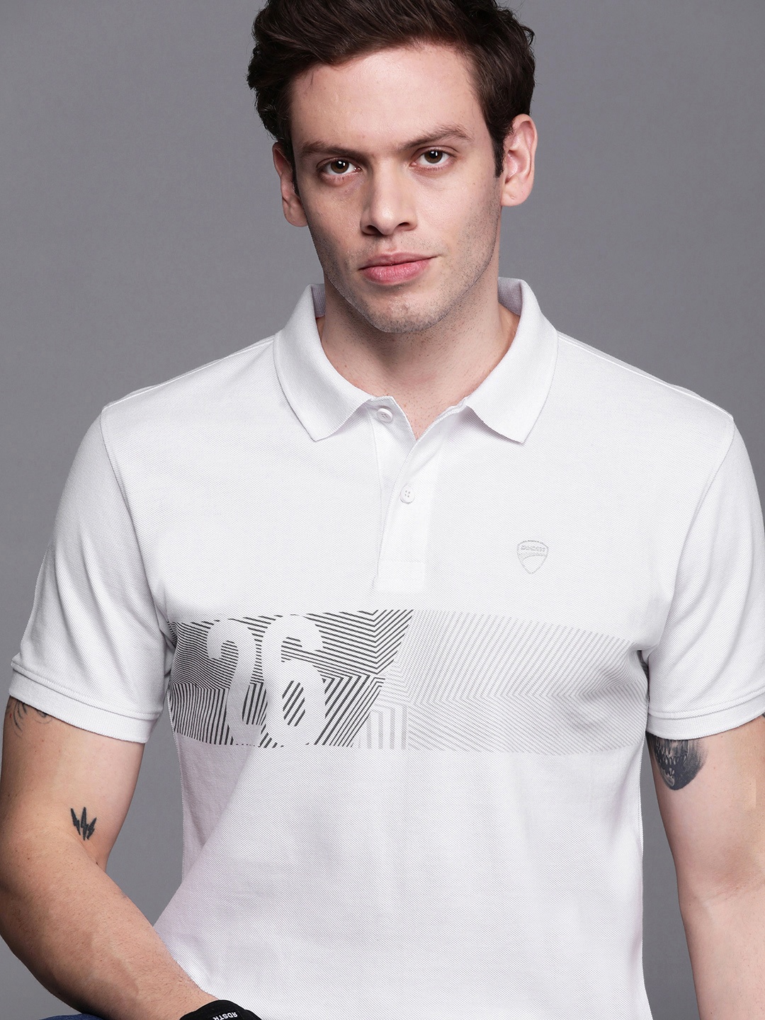 

Ducati Men White Printed Polo Collar Pure Cotton T-shirt