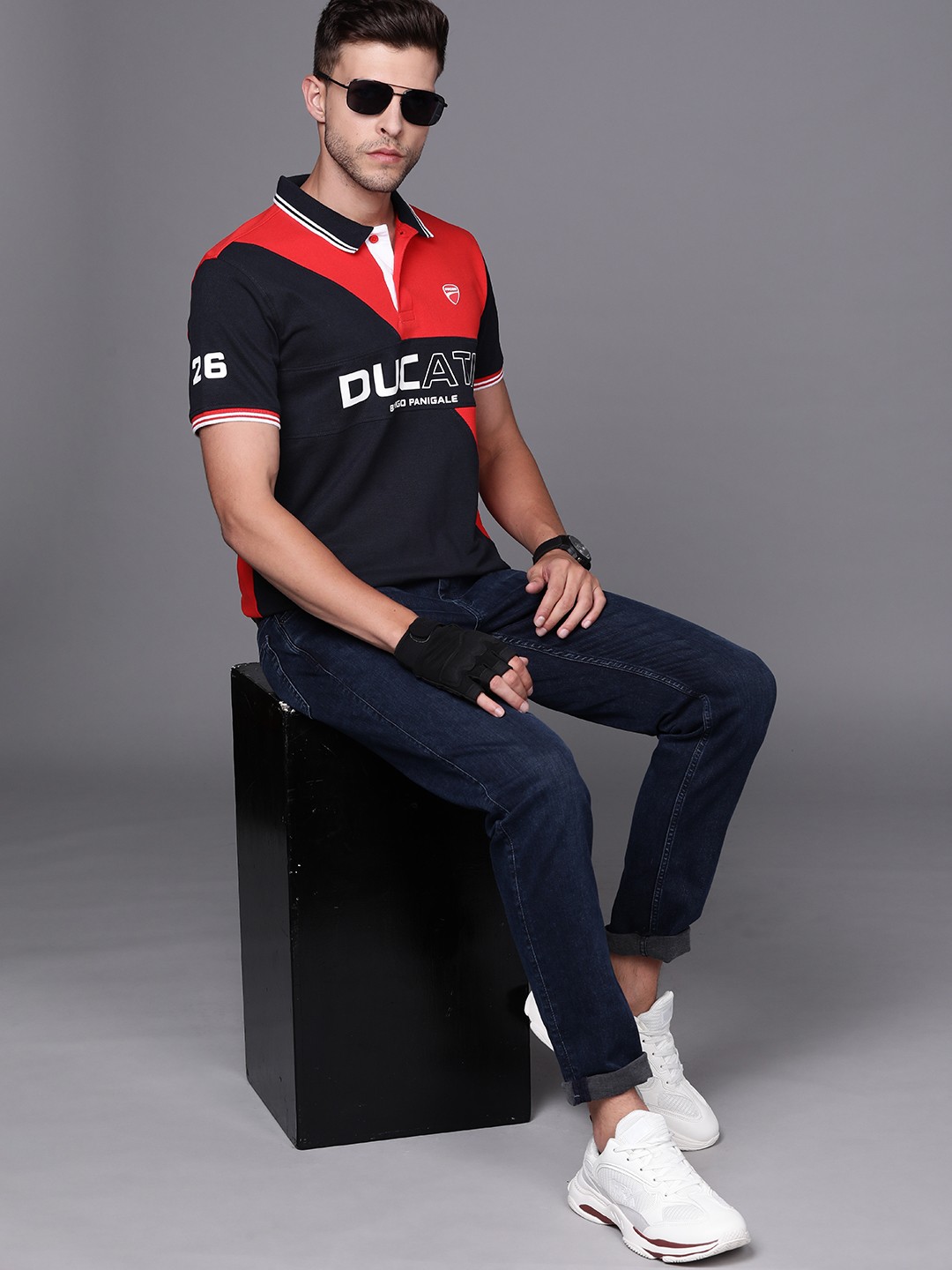 

Ducati Men Navy Blue & Red Brand Logo Colourblocked Polo Collar Pure Cotton T-shirt