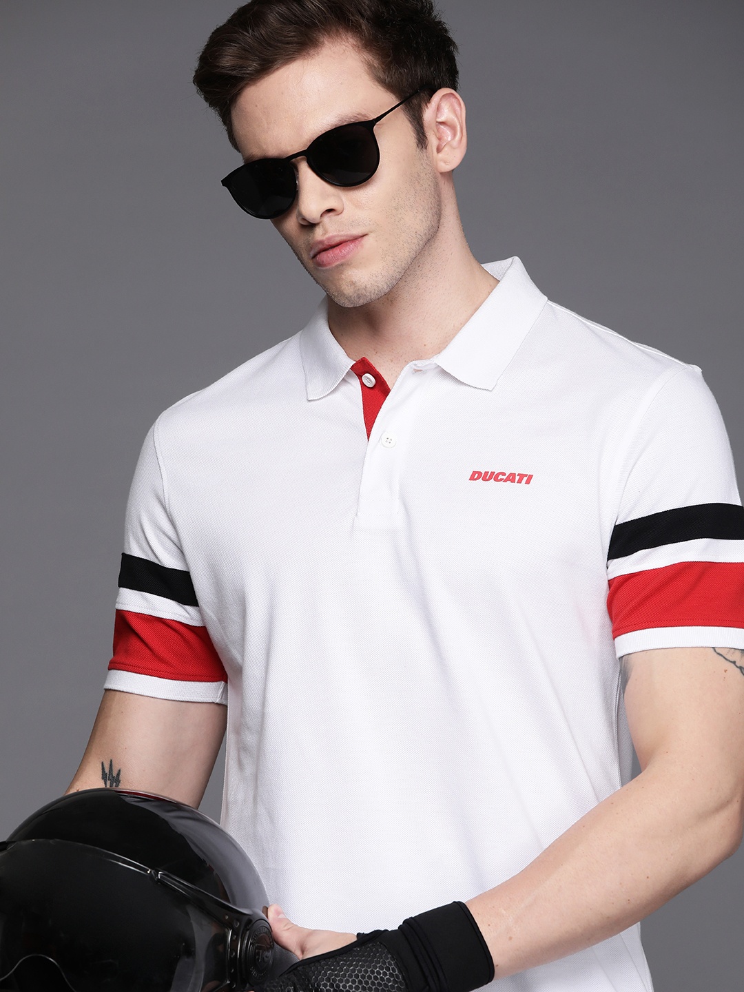 

Ducati Men White Brand Logo Printed Polo Collar Pure Cotton T-shirt