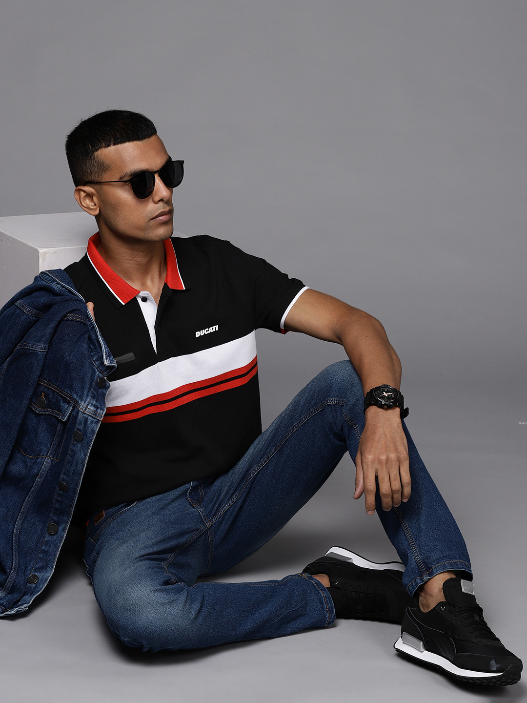 

Ducati Men Black & White Striped Polo Collar Pure Cotton T-shirt