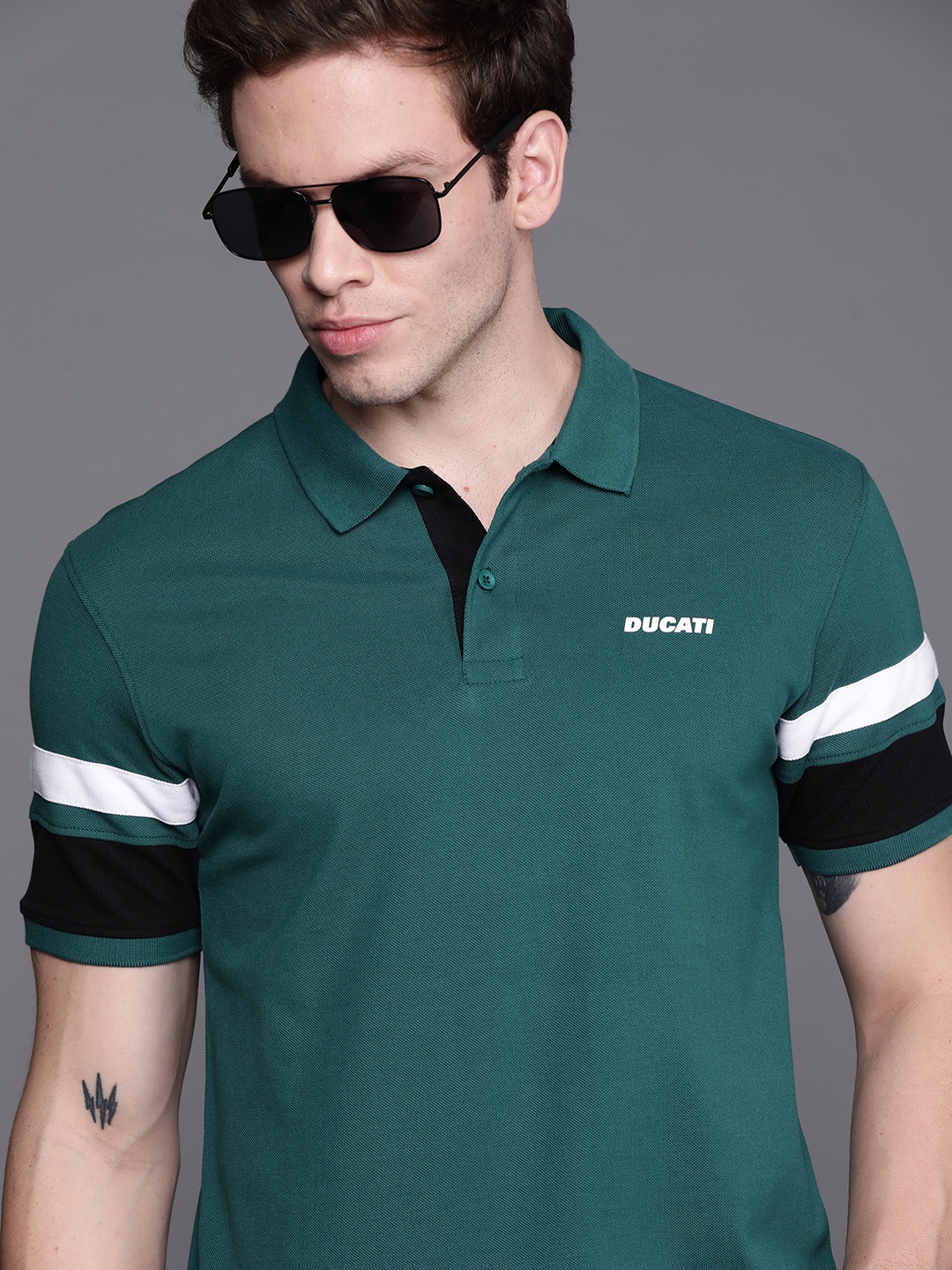

Ducati Men Teal Brand Logo Printed Polo Collar Pure Cotton T-shirt