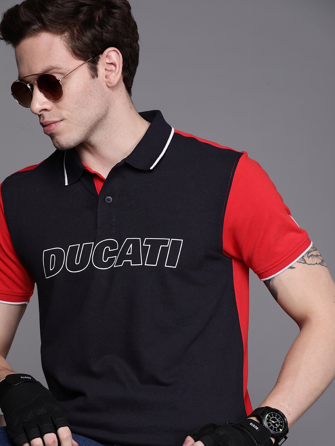 

Ducati Men Navy Blue & Red Brand Logo Printed Polo Collar Pure Cotton T-shirt