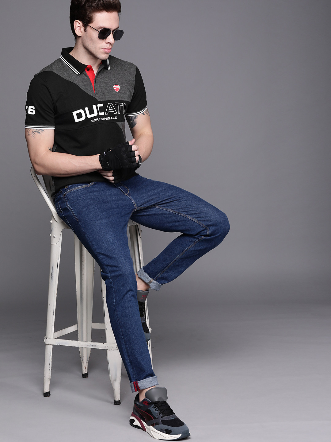 

Ducati Men Black Brand Logo Printed Polo Collar Pure Cotton T-shirt