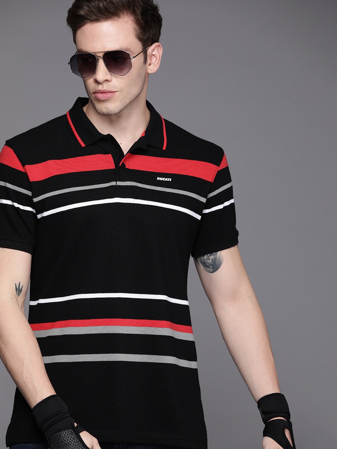 

Ducati Men Black & Red Striped Polo Collar Pure Cotton T-shirt