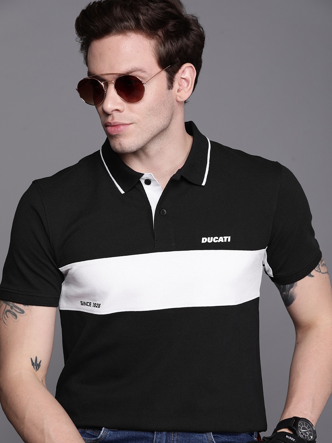 

Ducati Men Black & White Brand Logo Colourblocked Polo Collar Pure Cotton T-shirt