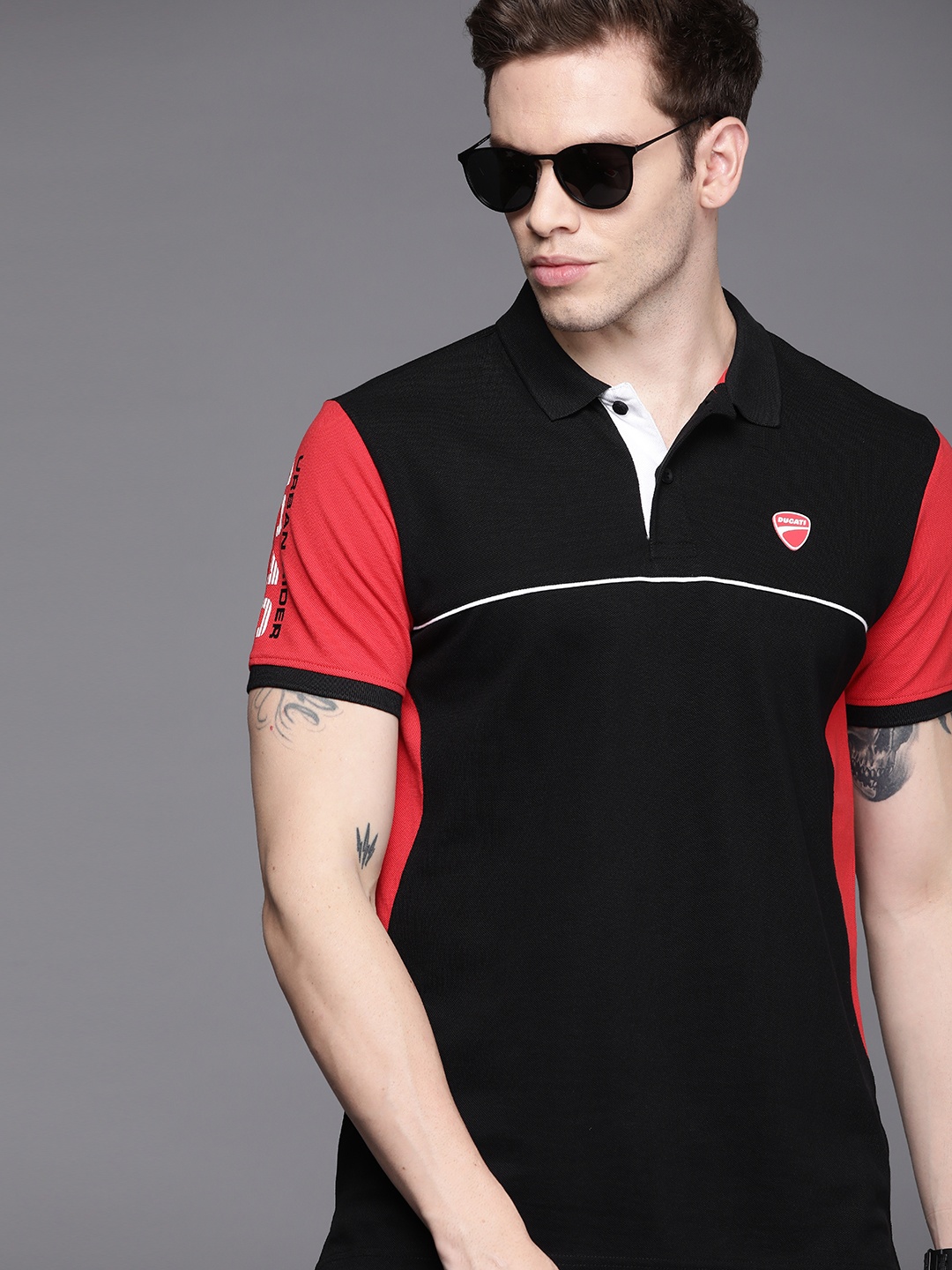 

Ducati Men Black & Red Colourblocked Polo Collar Pure Cotton T-shirt