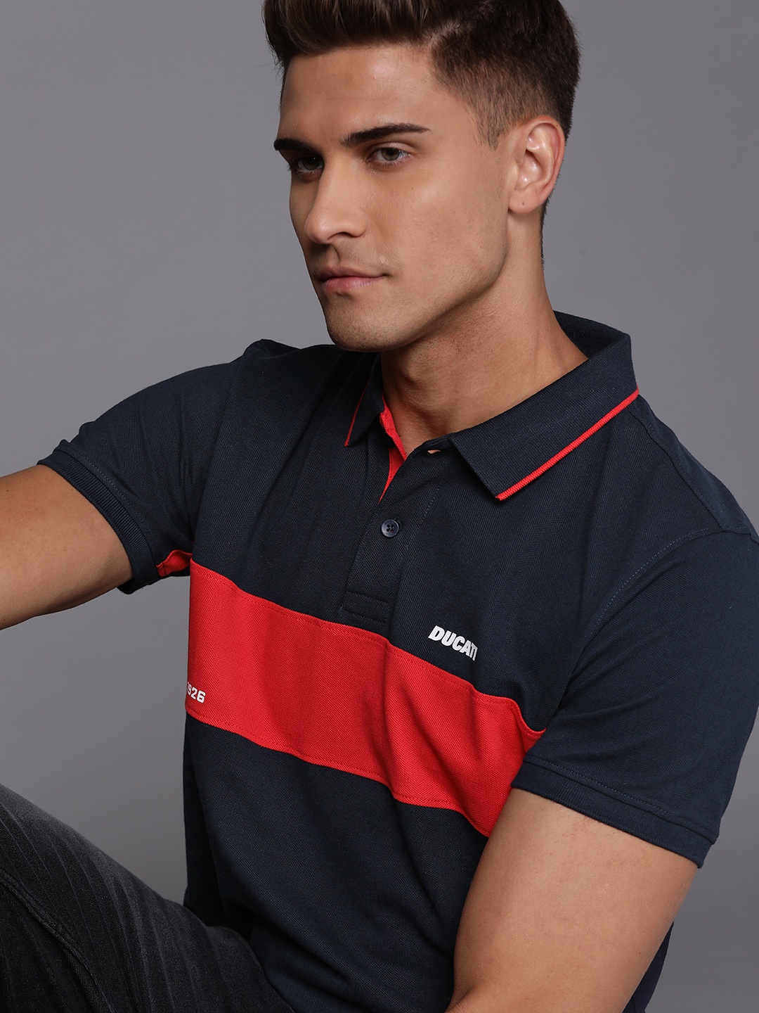 

Ducati Men Navy Blue & Red Colourblocked Polo Collar Pure Cotton T-shirt