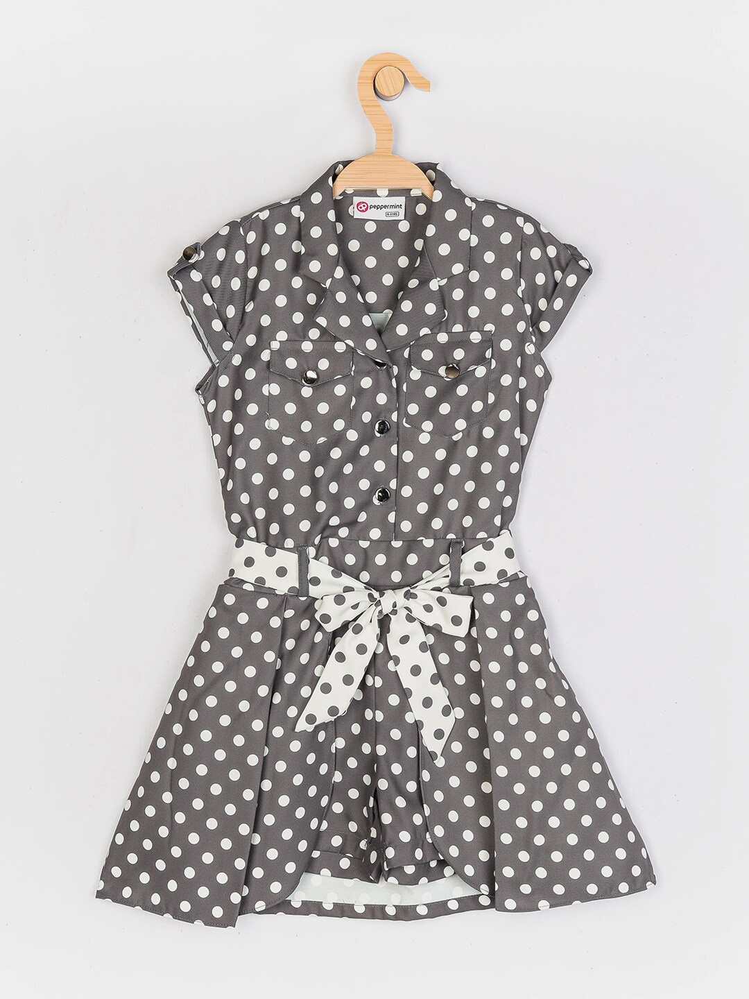 

Peppermint Girls Grey & White Polka dots Printed Jumpsuit