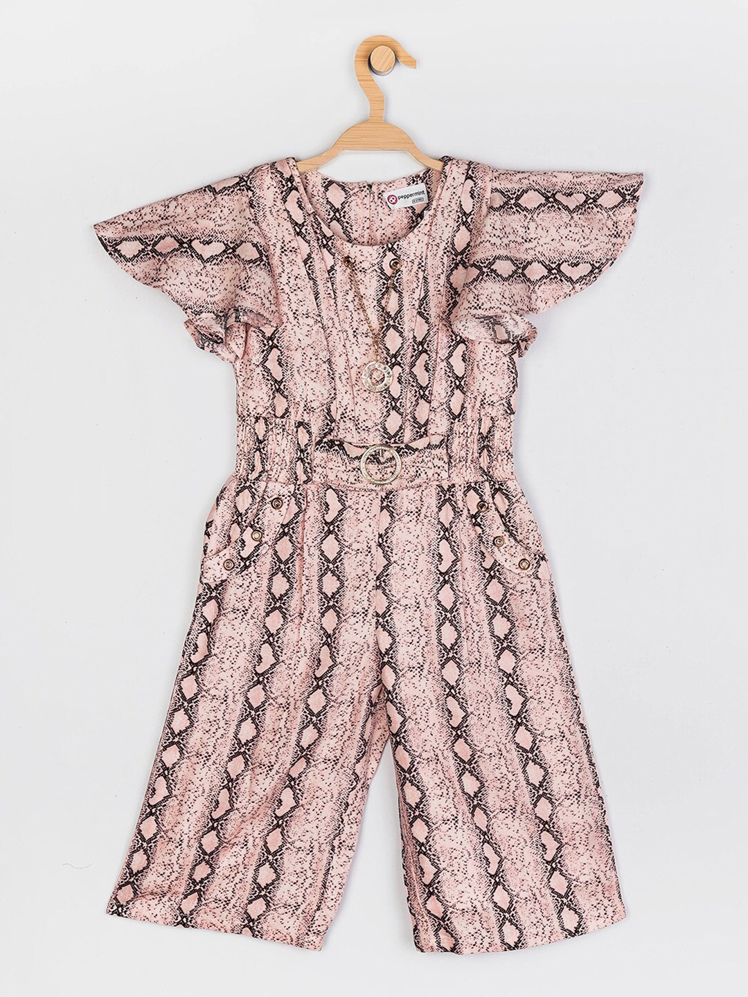 

Peppermint Girls Peach-Coloured & Black Printed Basic Jumpsuit