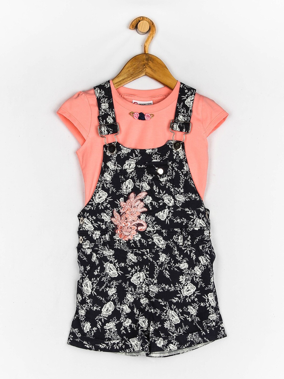

Peppermint Girls Blue & Navy Blue Printed with Applique Jumpsuit