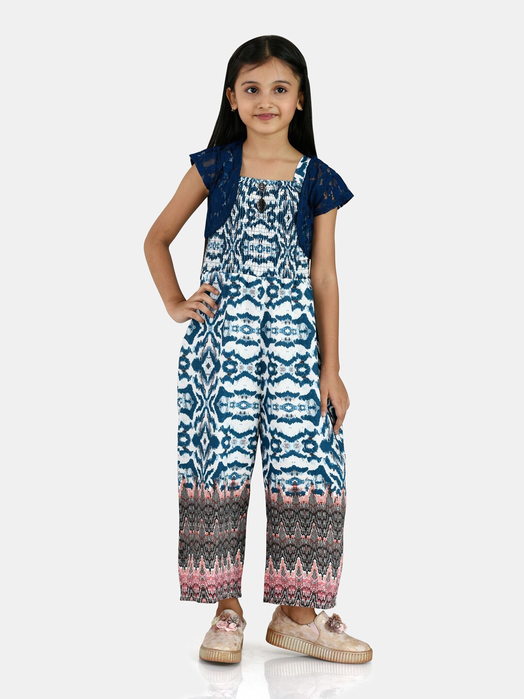 

Peppermint Girls Turquoise Blue & White Printed Basic Jumpsuit