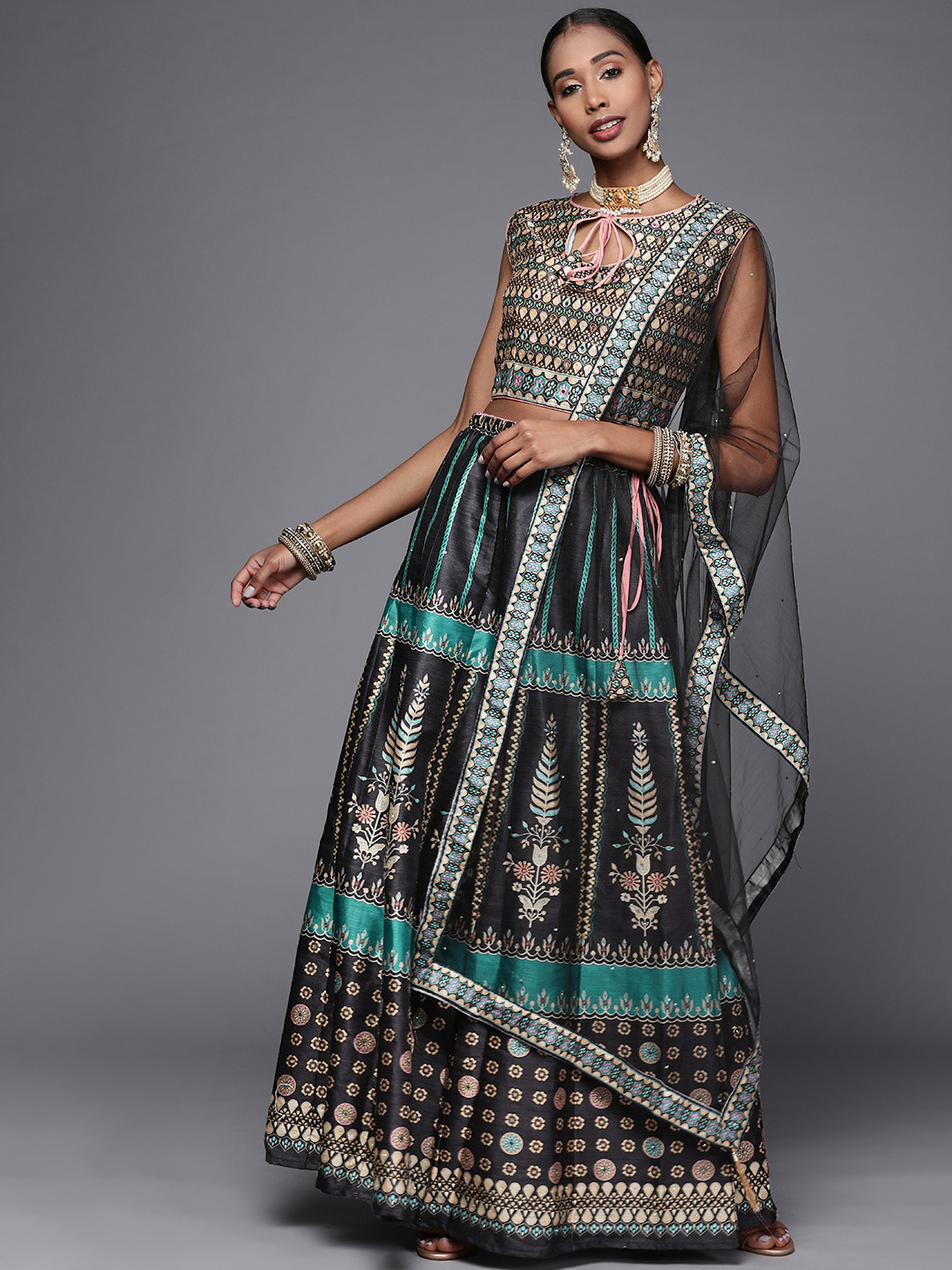 

Chhabra 555 Black & Teal Printed Mirror Work Made to Measure Lehenga & Blouse With Dupatta