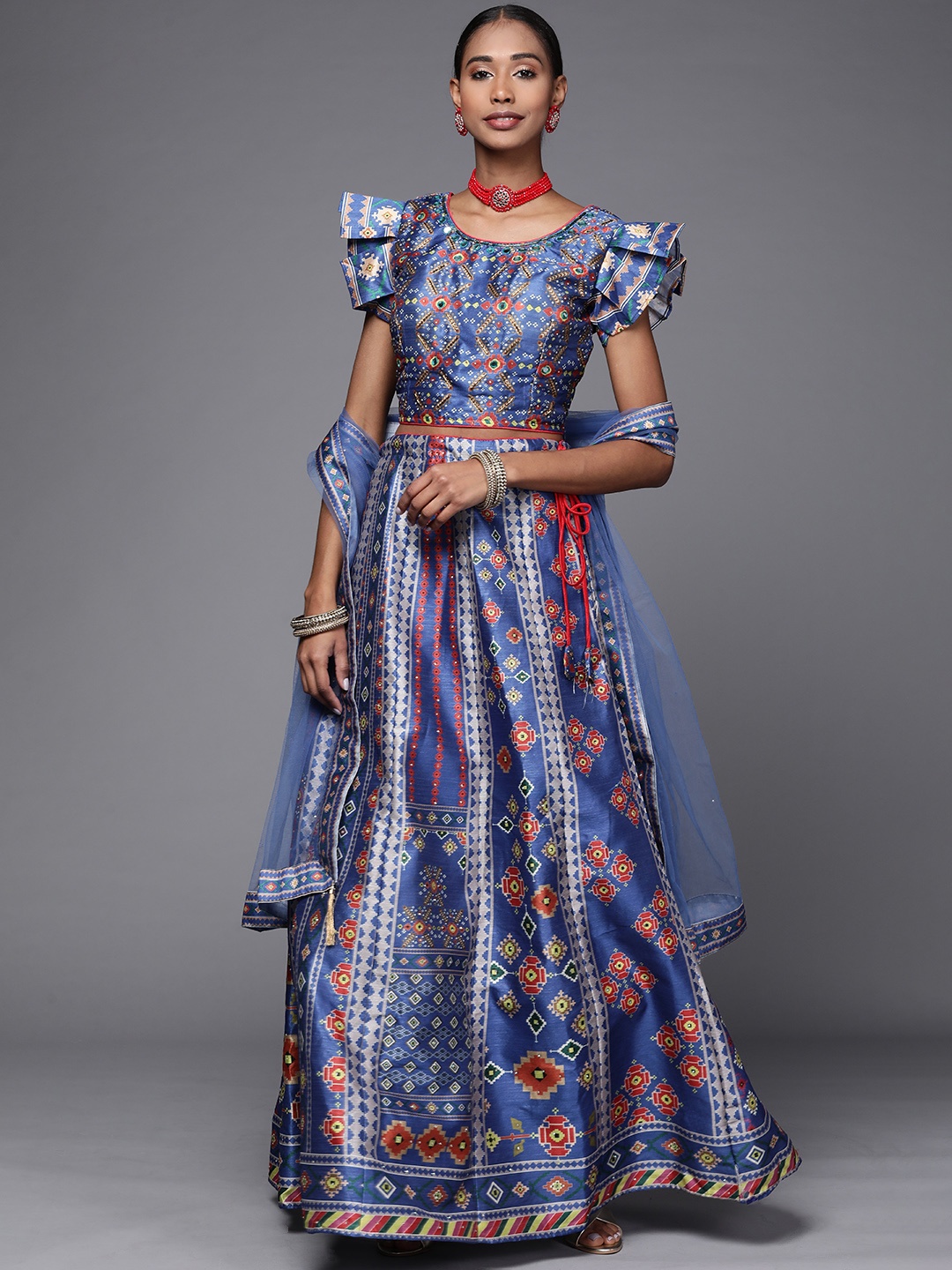 

Chhabra 555 Blue & Red Embellished Mirror Work Made to Measure Lehenga & Blouse With Dupatta