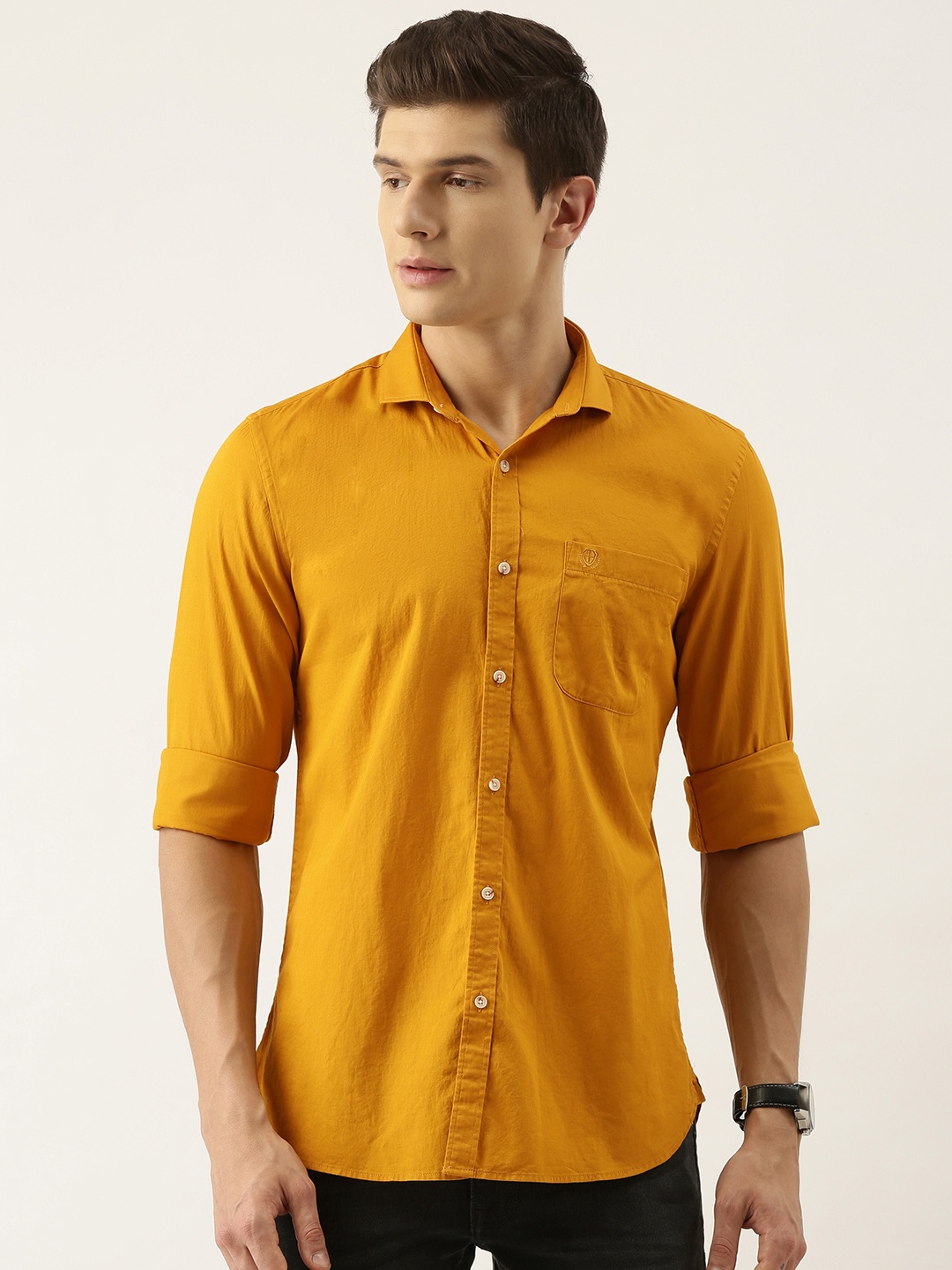 

PETER ENGLAND UNIVERSITY Men Yellow Solid Super Slim Fit Pure Cotton Casual Shirt