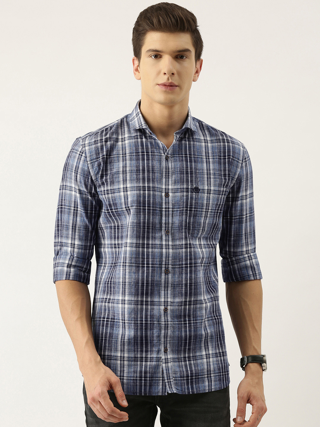 

PETER ENGLAND UNIVERSITY Men Blue Slim Fit Checked Casual Shirt