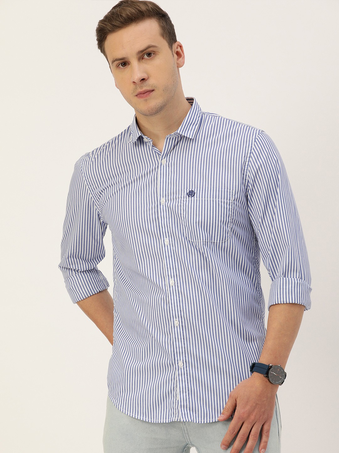 

PETER ENGLAND UNIVERSITY Men Blue Slim Fit Multi Stripes Striped Casual Shirt