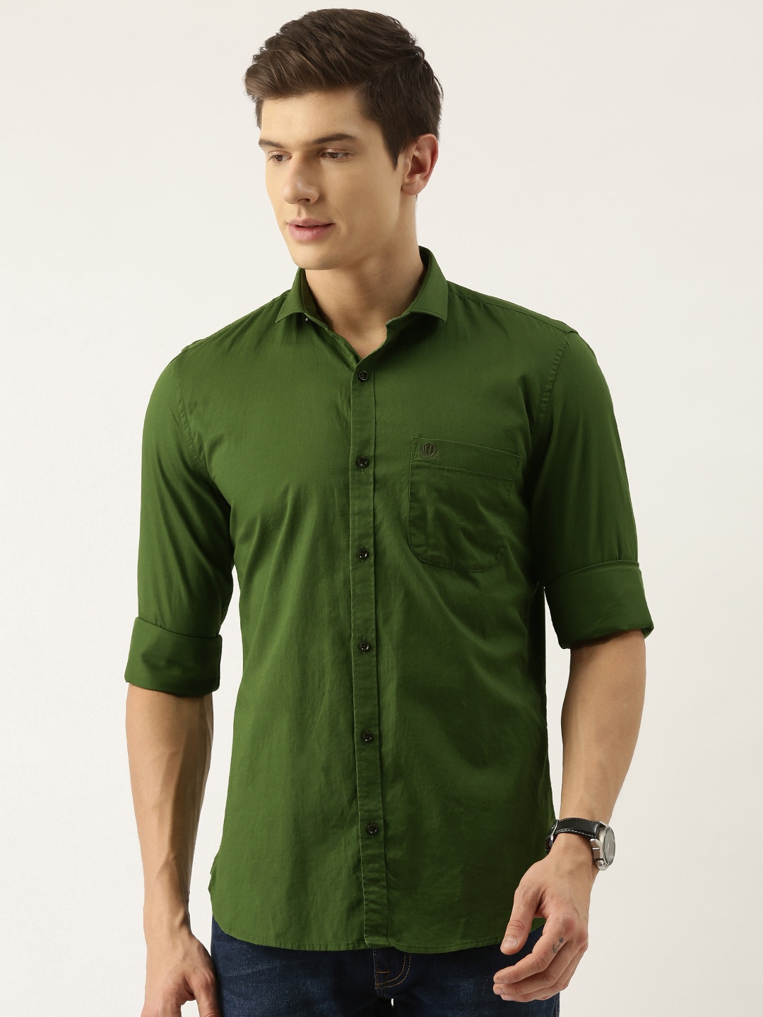 

PETER ENGLAND UNIVERSITY Men Green Super Slim Fit Pure Cotton Casual Shirt