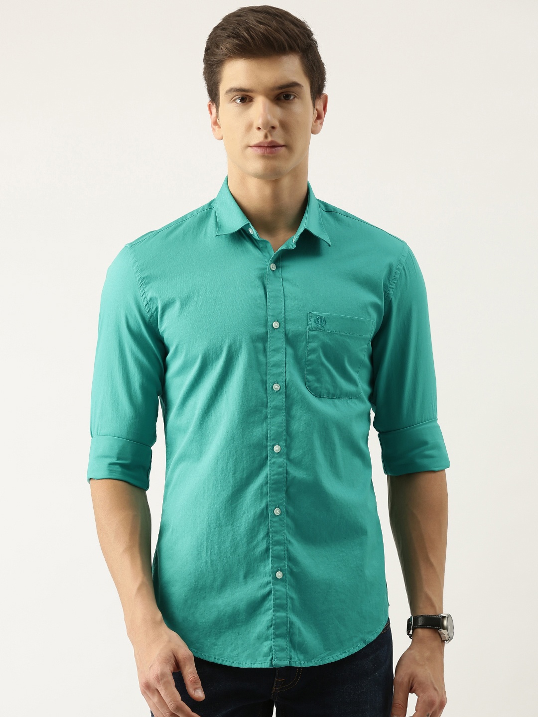 

PETER ENGLAND UNIVERSITY Men Teal Solid Super Slim Fit Pure Cotton Casual Shirt
