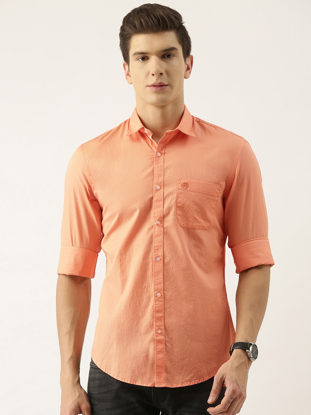 

PETER ENGLAND UNIVERSITY Men Orange Solid Super Slim Fit Pure Cotton Casual Shirt