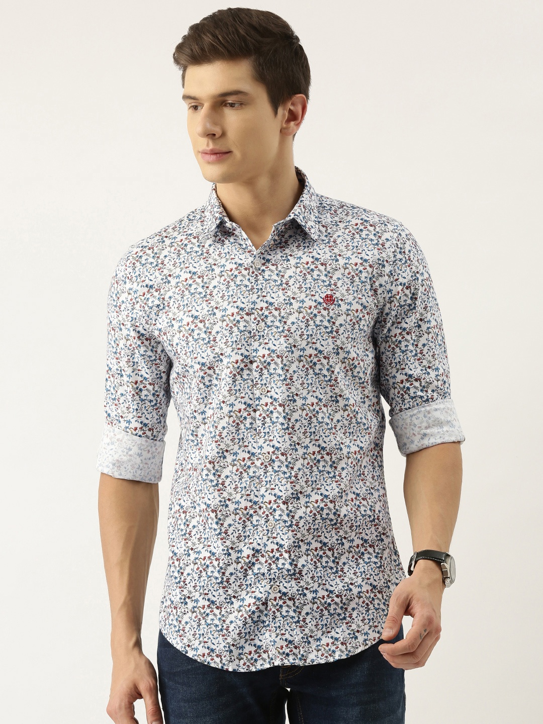 

PETER ENGLAND UNIVERSITY Men Navy Blue Slim Fit Printed Casual Shirt