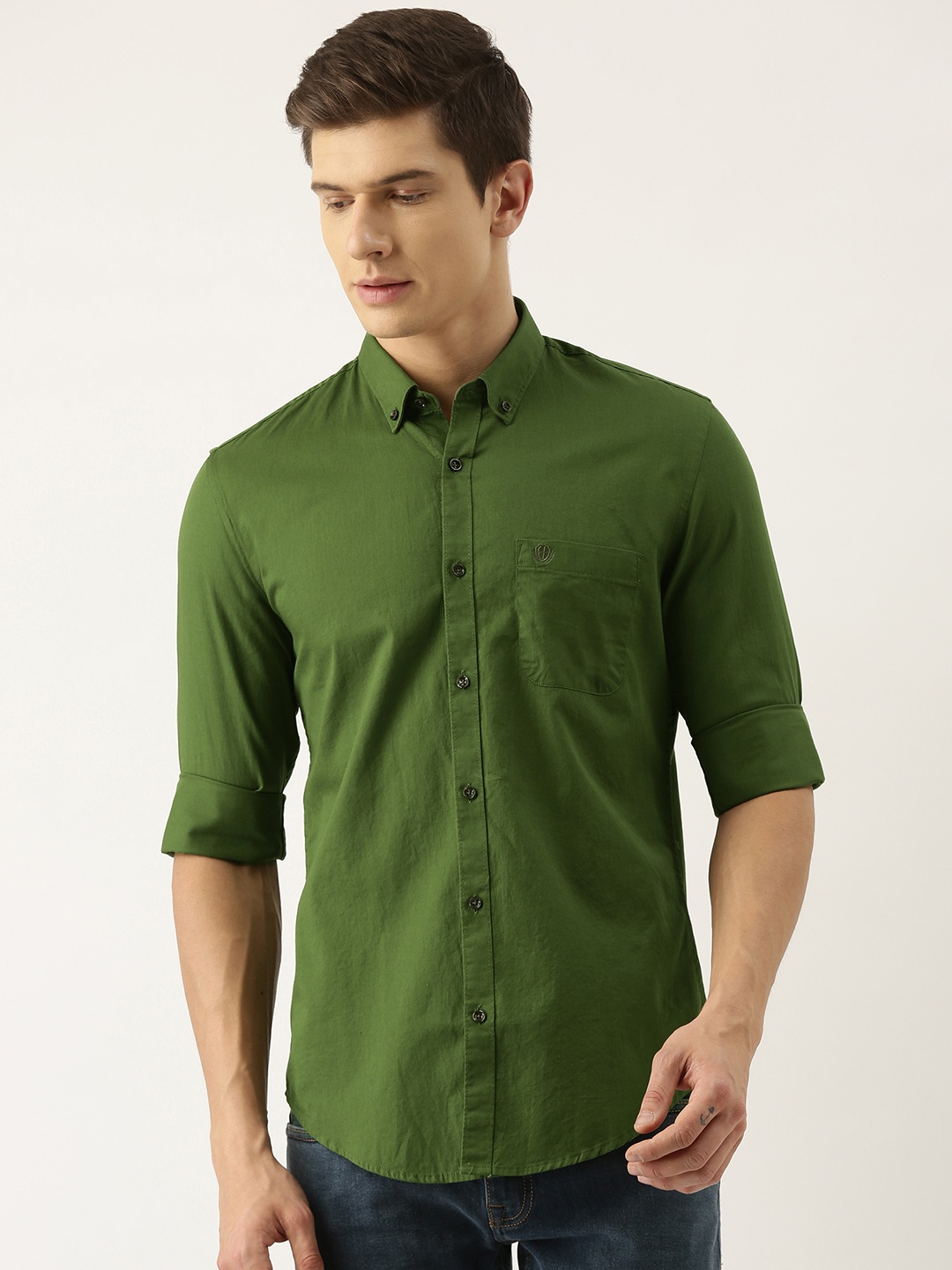 

PETER ENGLAND UNIVERSITY Men Green Super Slim Fit Solid Opaque Pure Cotton Casual Shirt