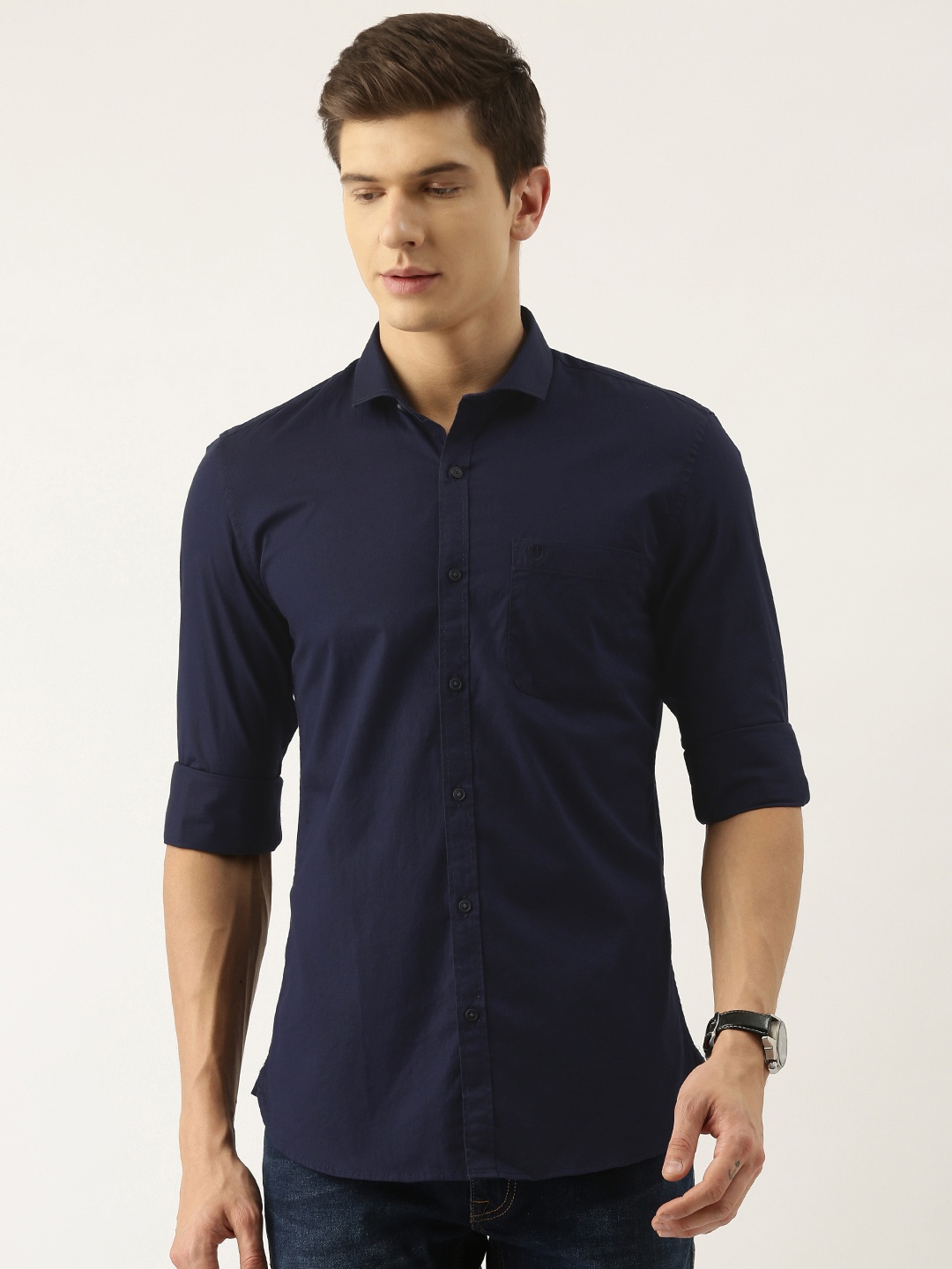 

PETER ENGLAND UNIVERSITY Men Navy Blue Solid Super Slim Fit Pure Cotton Casual Shirt