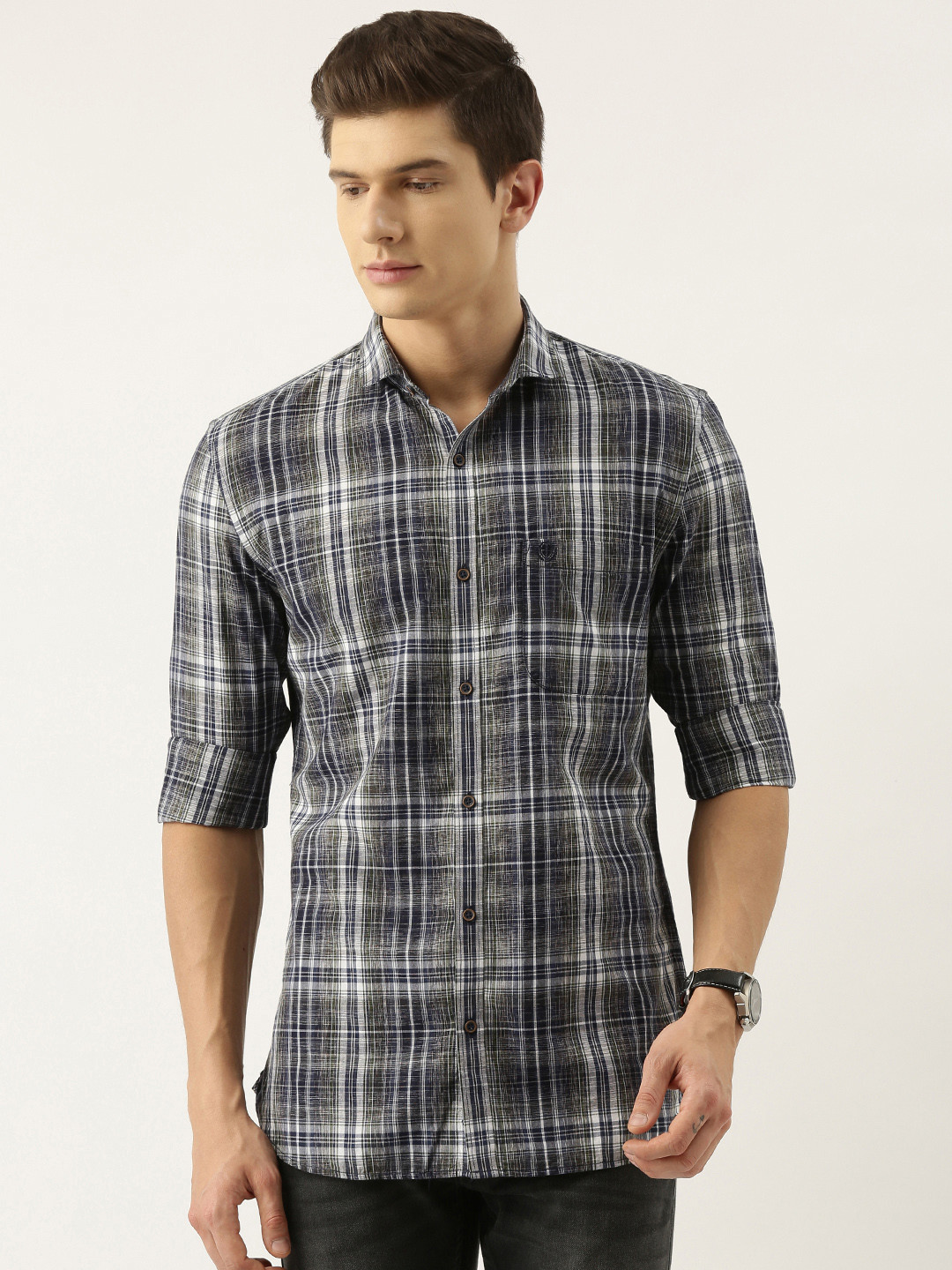 

PETER ENGLAND UNIVERSITY Men Charcoal Grey Super Slim Fit Checked Pure Cotton Casual Shirt