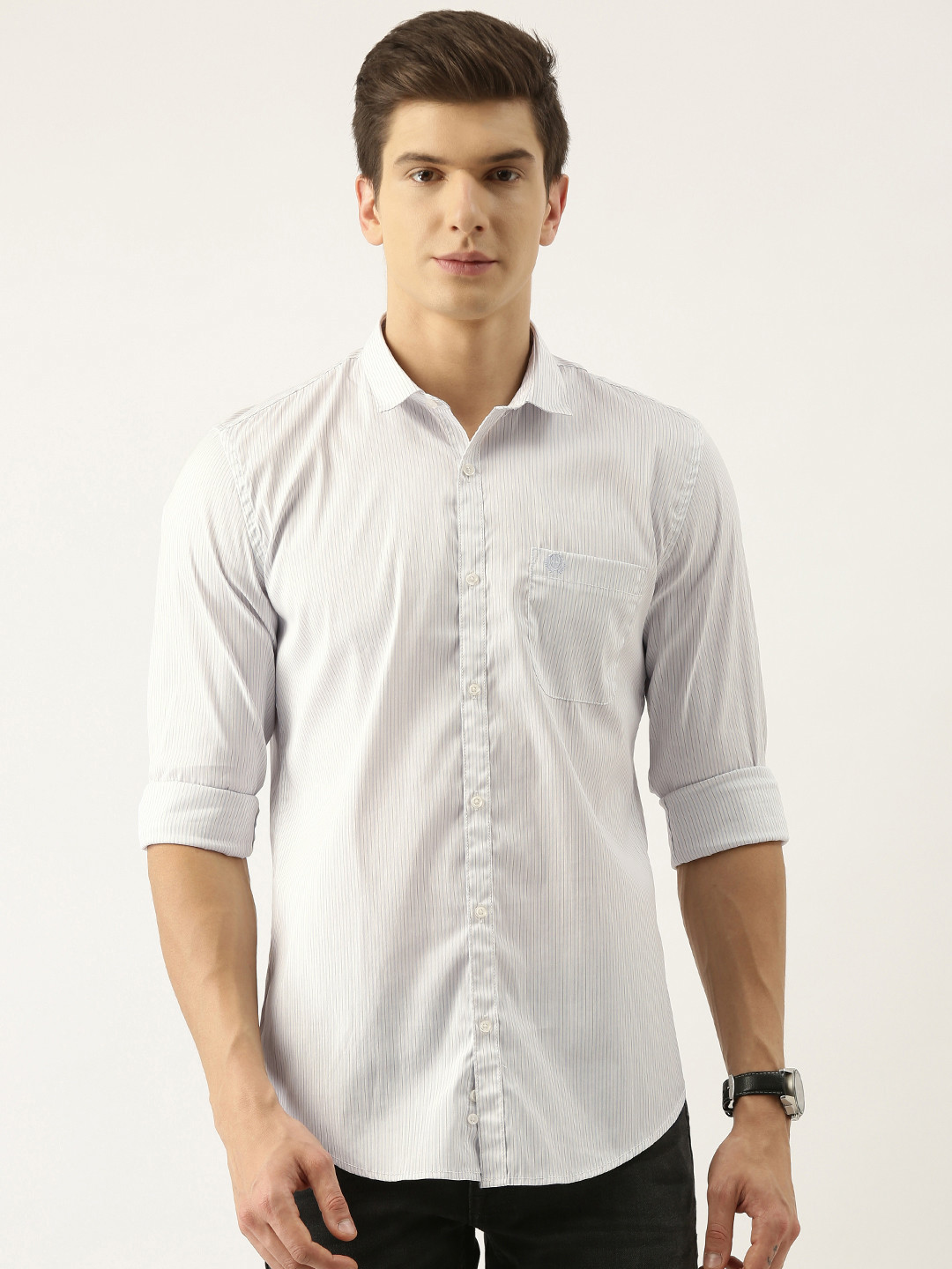 

PETER ENGLAND UNIVERSITY Men White & Grey Super Slim Fit Striped Casual Shirt