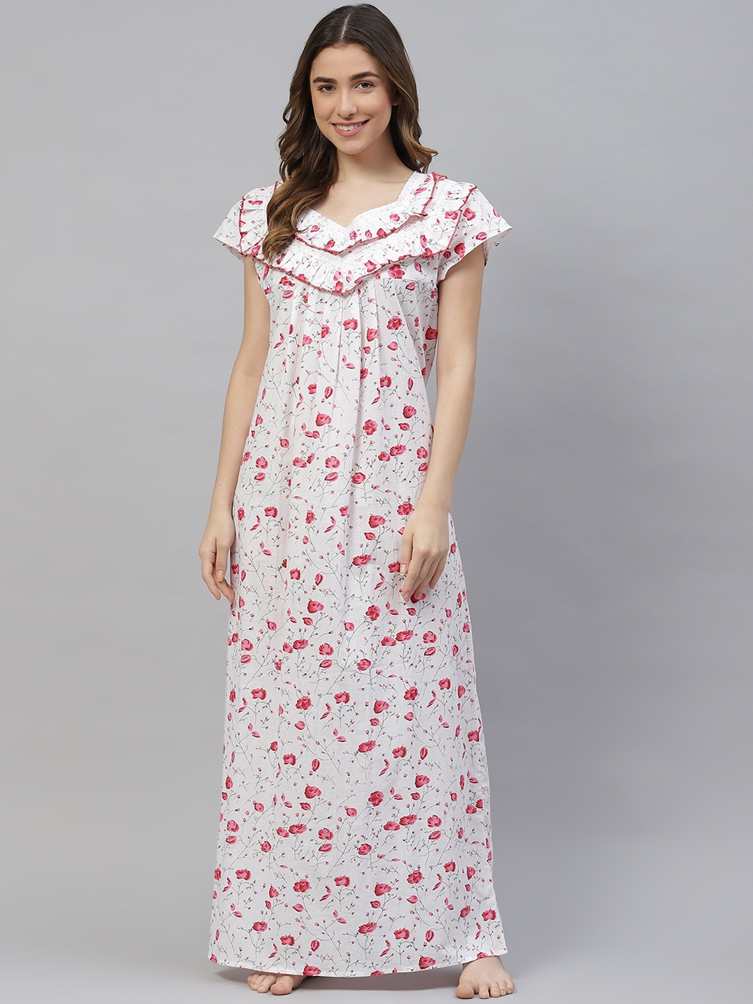 

Vemante Women White Pure Cotton Floral Printed Maxi Nightdress