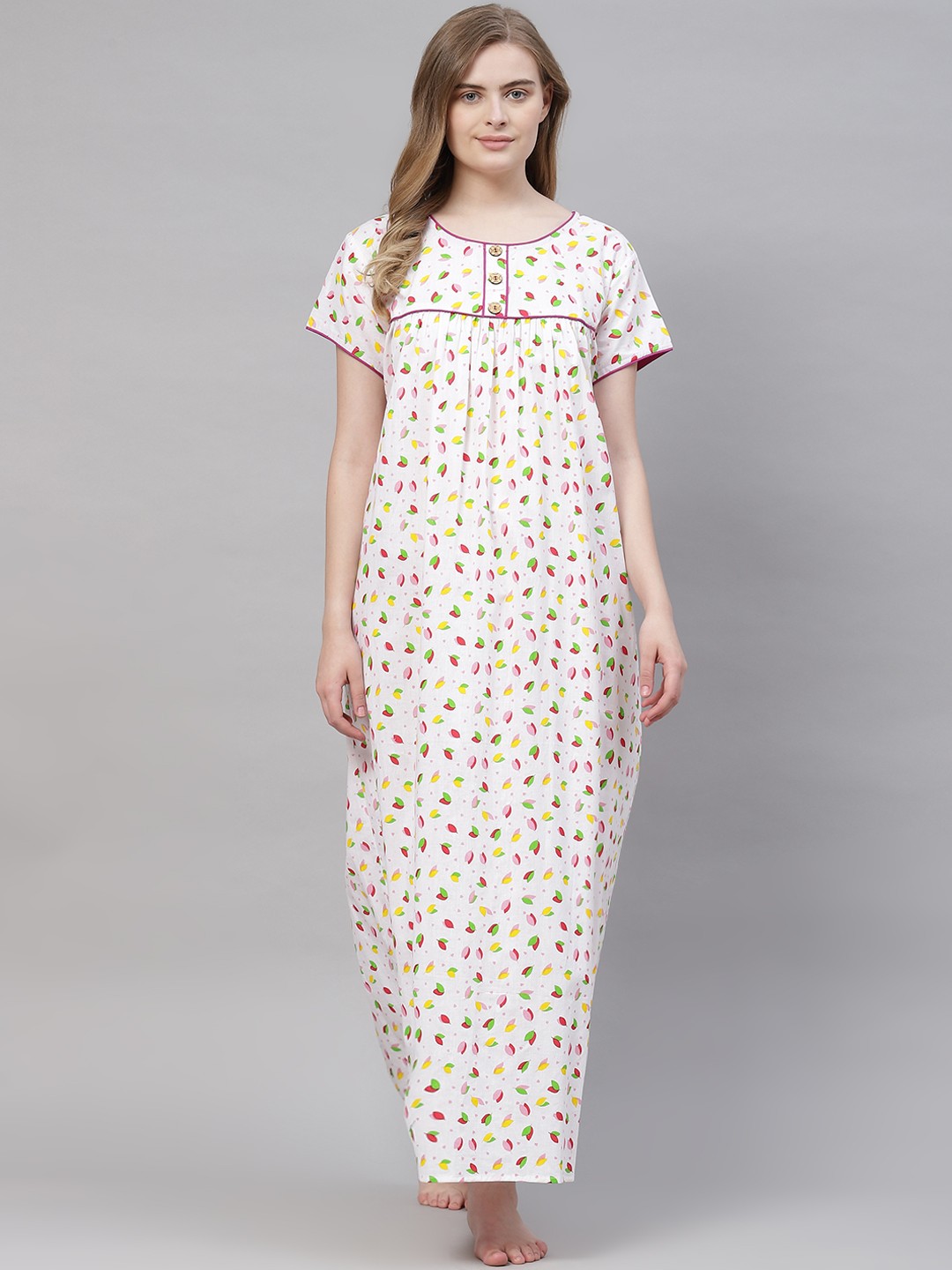 

Vemante Women White Pure Cotton Floral Printed Maxi Nightdress