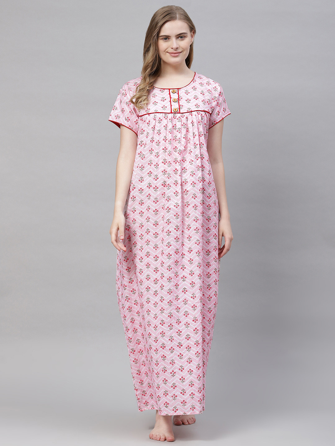 

Vemante Women Pink Pure Cotton Floral Printed Maxi Nightdress