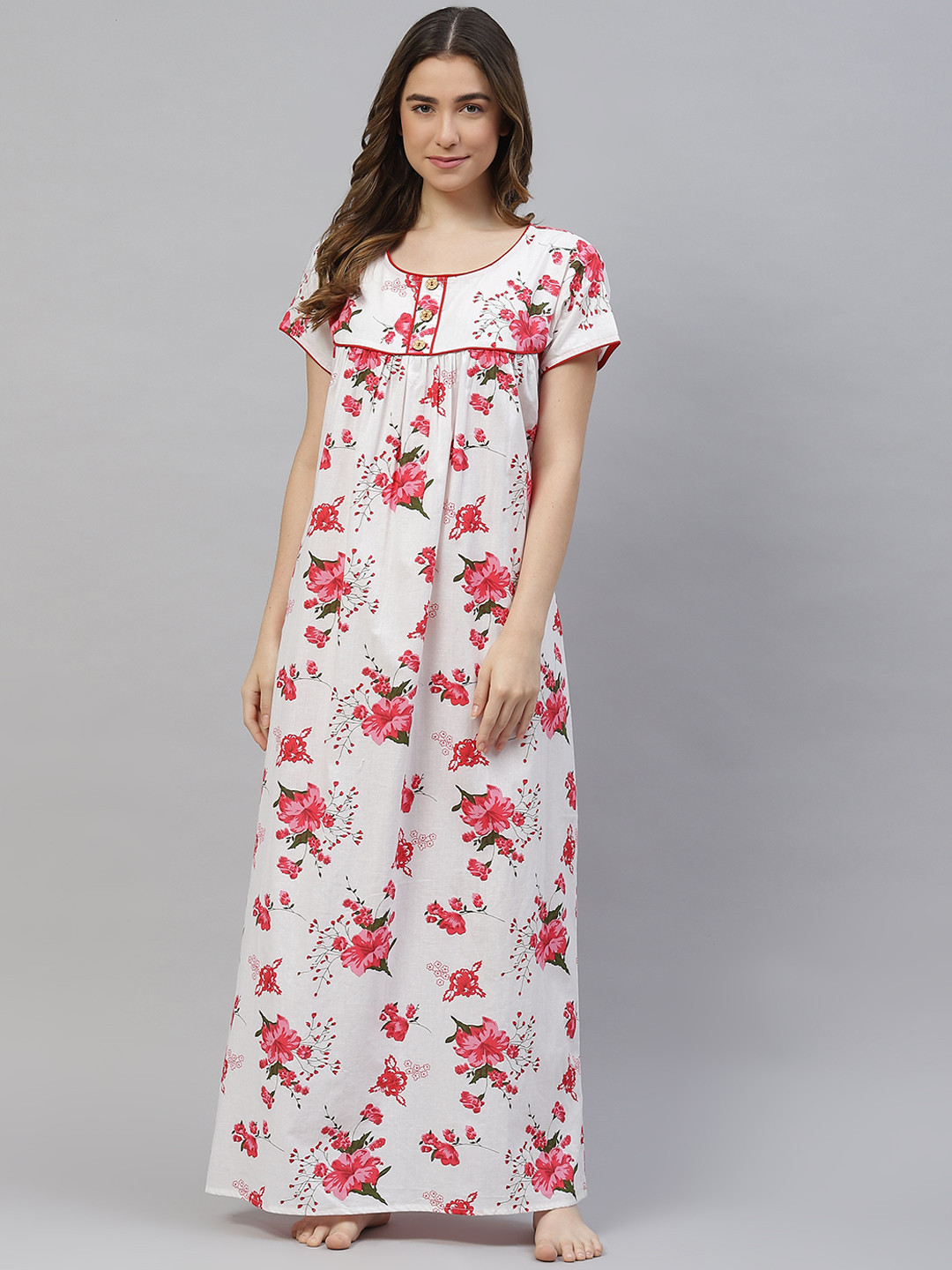 

Vemante White Pure Cotton Floral Printed Maxi Nightdress