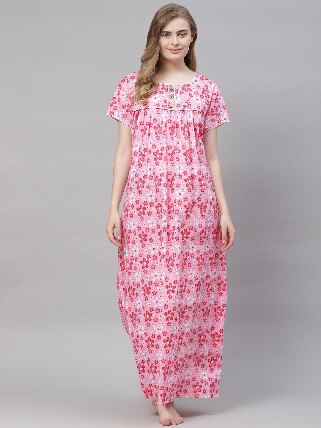 

Vemante Women Pink Pure Cotton Floral Printed Maxi Nightdress