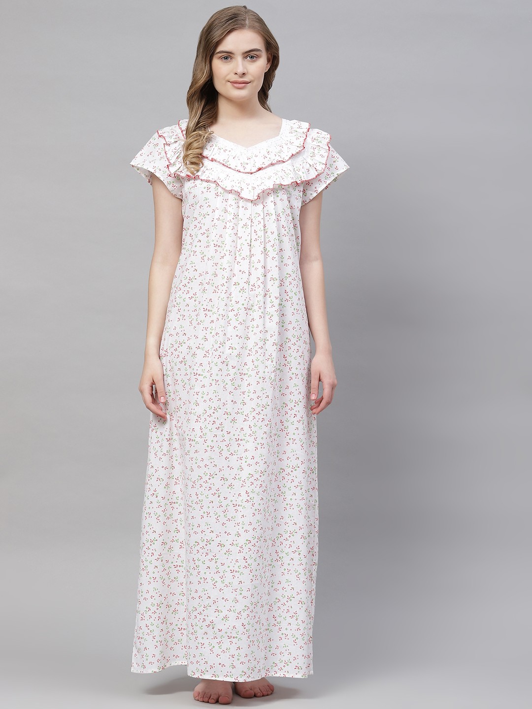 

Vemante Women White Pure Cotton Floral Printed Maxi Nightdress