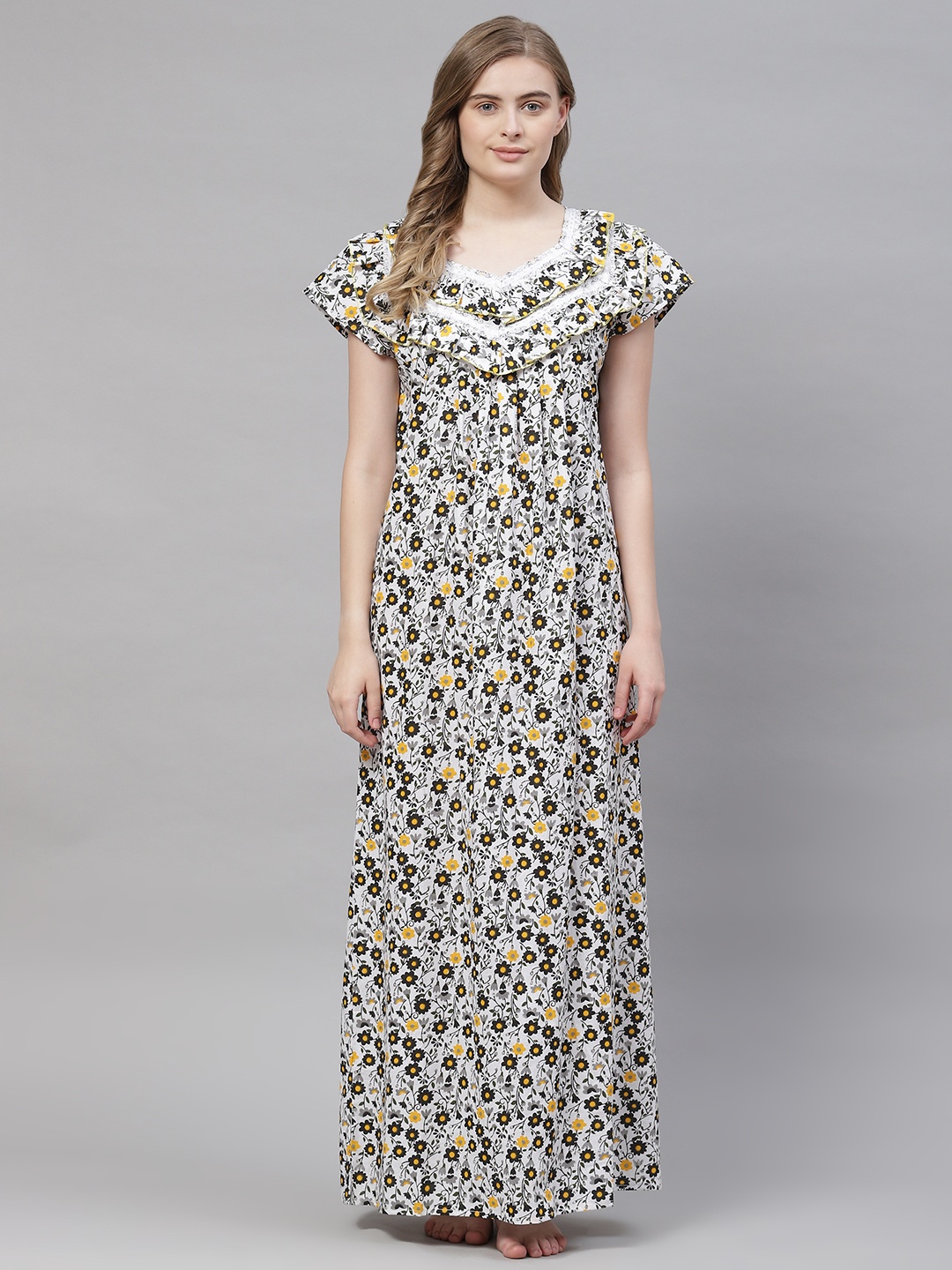 

Vemante Women White Pure Cotton Floral Printed Maxi Nightdress