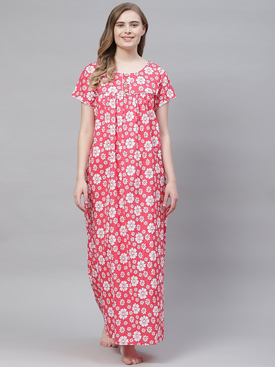 

Vemante Women Red Pure Cotton Floral Printed Maxi Nightdress