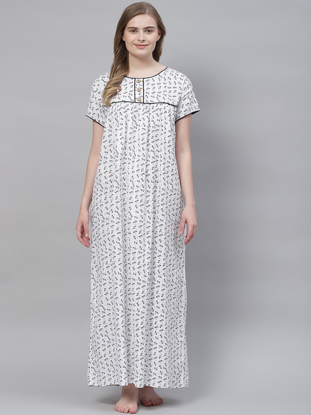 

Vemante Women White Pure Cotton Floral Printed Maxi Nightdress