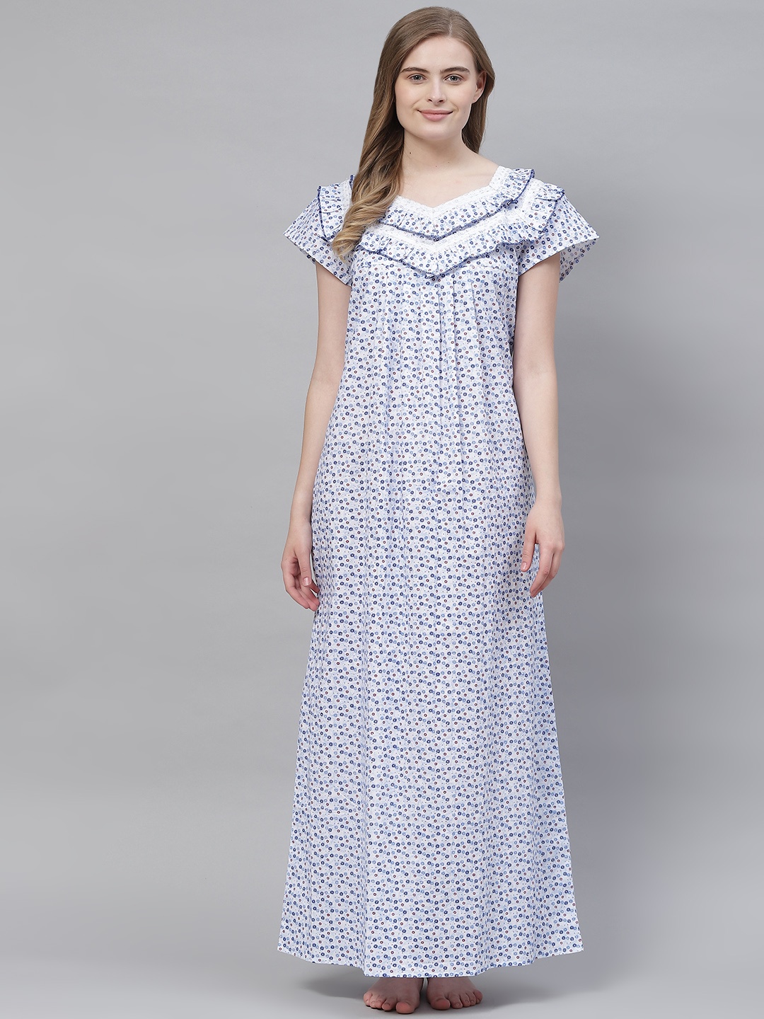 

Vemante Women White Pure Cotton Floral Printed Maxi Nightdress