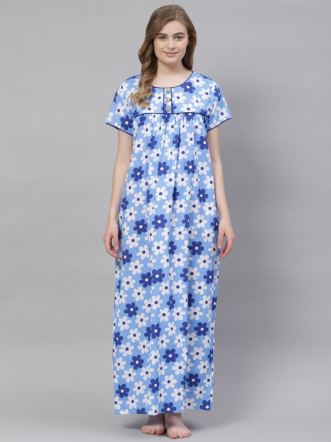 

Vemante Women Blue Pure Cotton Floral Printed Maxi Nightdress