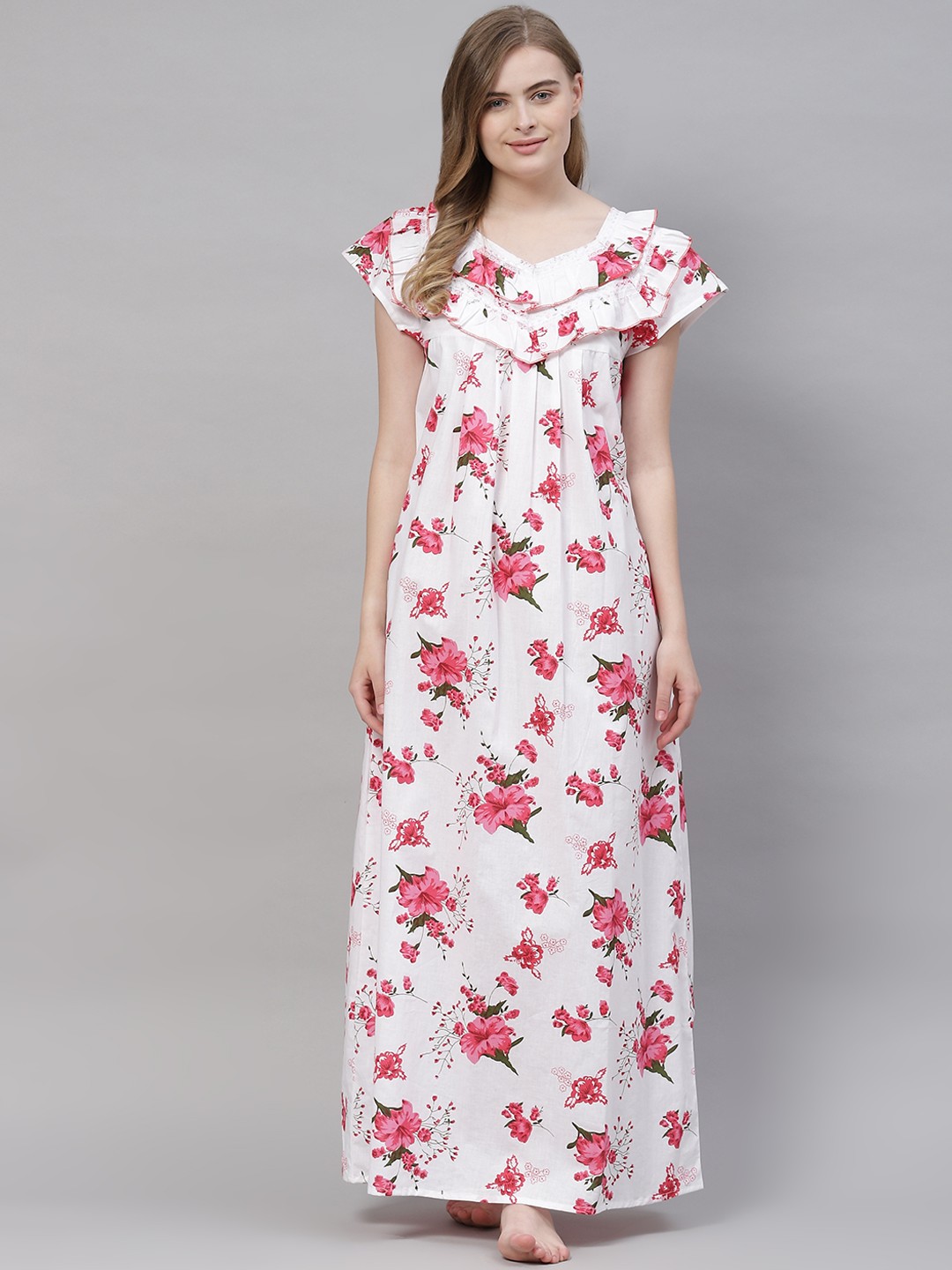 

Vemante Women White Pure Cotton Floral Printed Maxi Nightdress