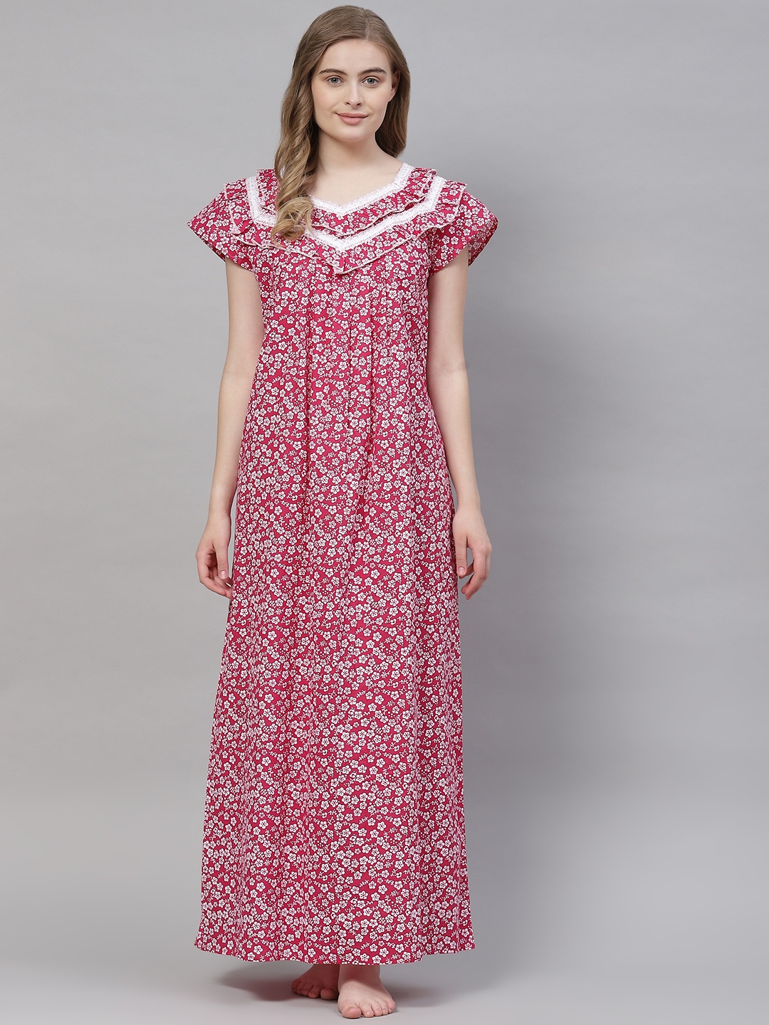 

Vemante Women Fuchsia Pure Cotton Floral Printed Maxi Nightdress